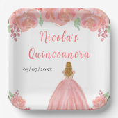 Blonde Hair Princess Pink Floral Quinceanera Pappteller (Vorderseite)