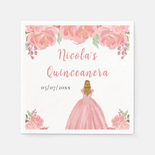 Blonde Hair Princess Pink Floral Quinceanera Serviette (Vorderseite)