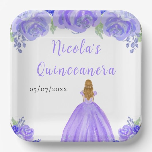 Blonde Hair Princess Purple Floral Quinceanera Pappteller (Vorderseite)