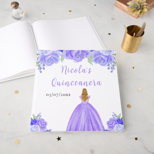 Blonde Hair Princess Purple Quinceanera Guest Book Gästebuch (Vorderseite offen)