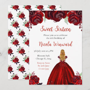 Blonde Hair Princess Red Floral 16 . Geburtstag Einladung