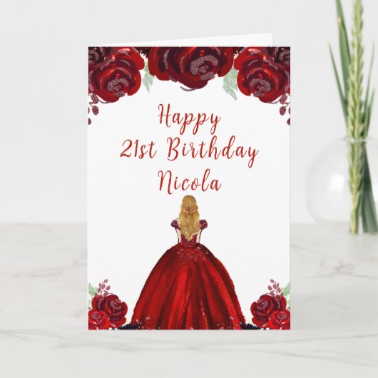Blonde Hair Princess Red Floral Birthday Karte (Vorderseite)