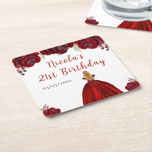 Blonde Hair Princess Red Floral Birthday Rechteckiger Pappuntersetzer (angewinkelt)