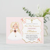 Blonde haired Girl First Communion Soft Pink Einladung (Stehend Vorderseite)