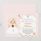 Blonde haired Girl First Communion Soft Pink Einladung (Vorne/Hinten)