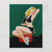 Blonde in Blue Slippers Button hoch Postkarte (Vorderseite)