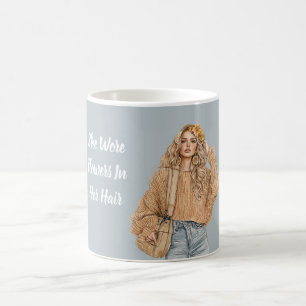 Blonde Jeans Blumen in ihren Haaren Kaffeetasse