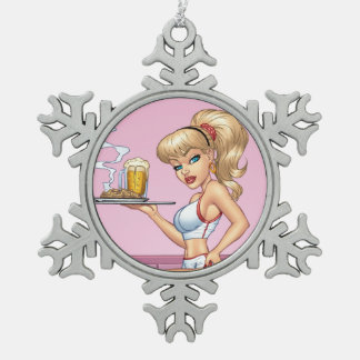 Blonde Kellnerin-Umhüllungs-Platte der Nahrung und Schneeflocken Zinn-Ornament