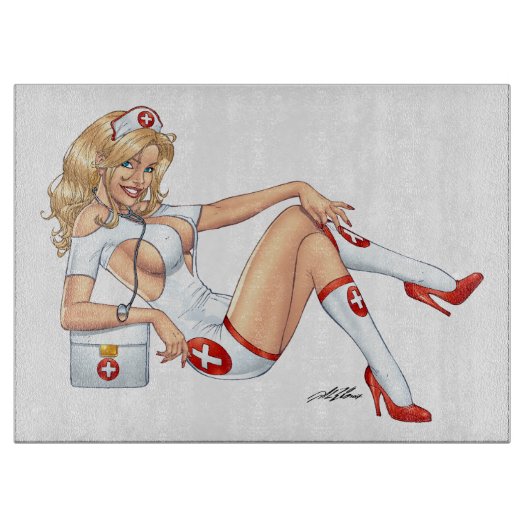 Blonde Krankenschwester in der Uniform Strümpfe Schneidebrett (Vorderseite)