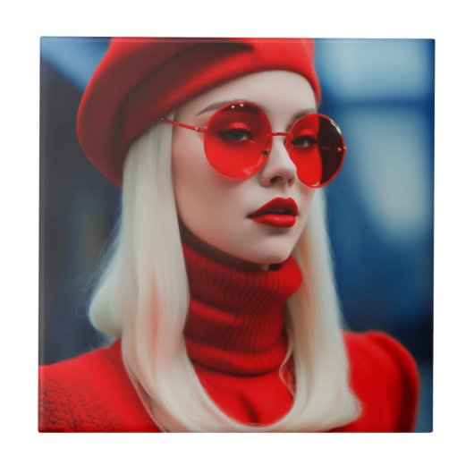 Blonde Lady in Rot Fliese (Vorderseite)