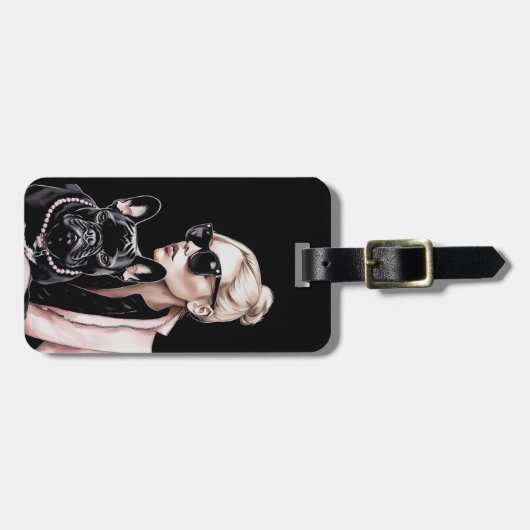 Blonde-Mädchen in Sonnenbrille schwarzer französis Gepäckanhänger (Vorderseite horizontal)