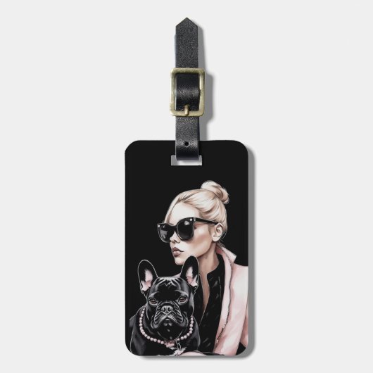 Blonde-Mädchen in Sonnenbrille schwarzer französis Gepäckanhänger (Vorderseite vertikal)