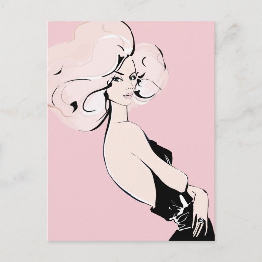 Blonde Mädchen schwarz auf rosa Postkarte (Vorderseite)