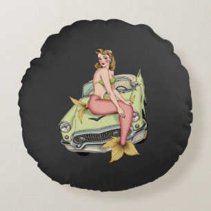 Blonde Meerjungfrau auf vintage-grünem Auto Aquare Rundes Kissen