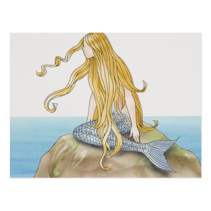 Blonde Meerjungfrau, die auf Seefelsen, Postkarte Zazzle.de