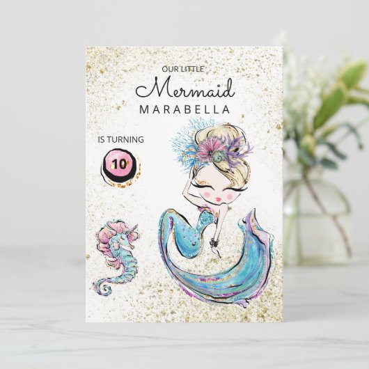 *~* Blonde Meerjungfrau Gold Glitzer Hair Geburtst Einladung (Stehend Vorderseite)