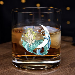 Blonde Meerjungfrau Halbmond Fantasy Art Deco Whiskyglas