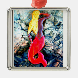 blonde Meerjungfrau im Rot Silbernes Ornament