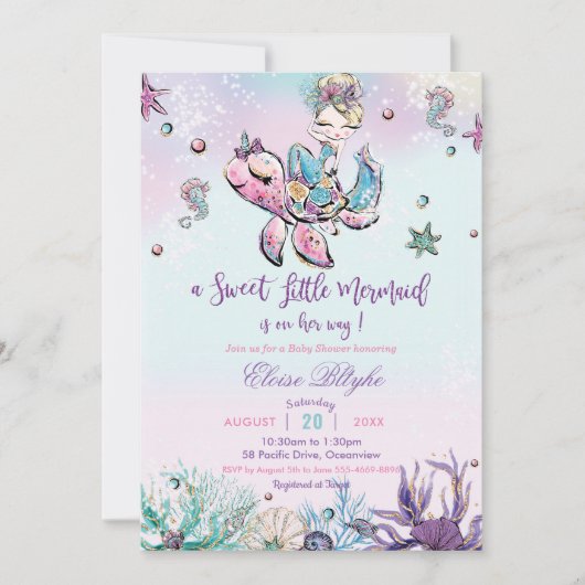 Blonde Mermaid Babydusche unter dem Sea Baby Girl Einladung (Vorderseite)