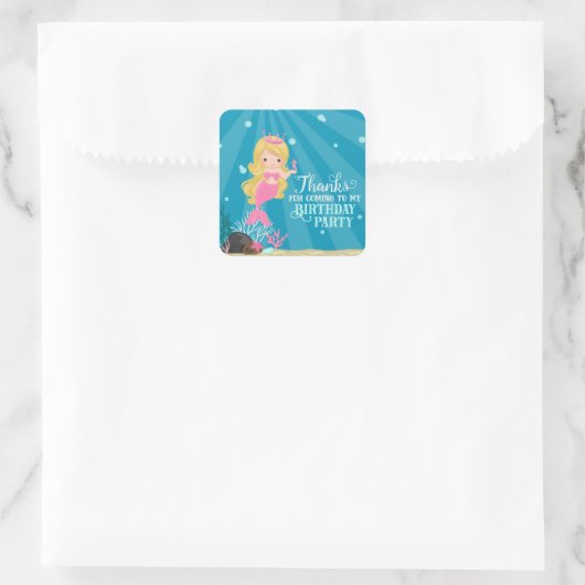 Blonde Mermaid Birthday Quadratischer Aufkleber (Tasche)