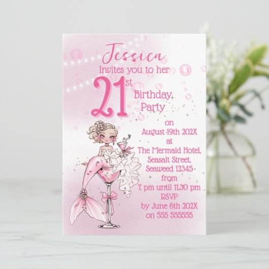 Blonde Mermaid Cocktail Birthday Party Invitation Einladung (Stehend Vorderseite)