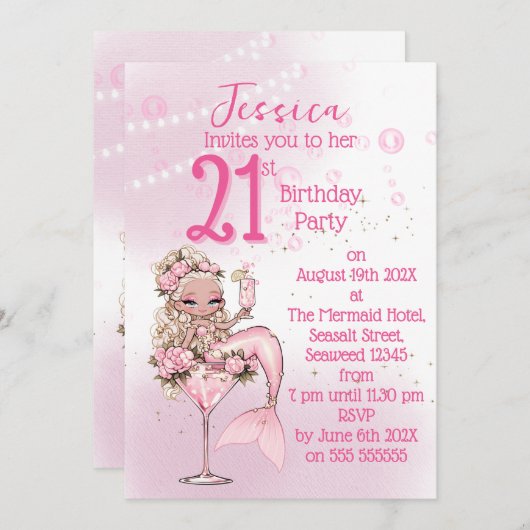 Blonde Mermaid Cocktail Birthday Party Invitation Einladung (Vorne/Hinten)