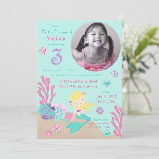 Blonde Mermaid Dritter Geburtstag Einladung (Stehend Vorderseite)