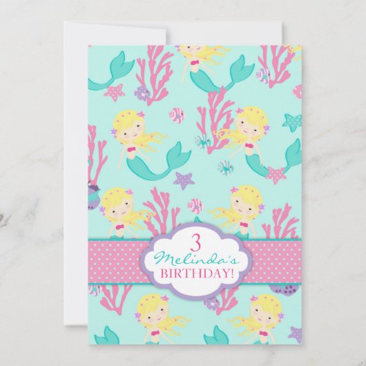 Blonde Mermaid Dritter Geburtstag Einladung (Rückseite)