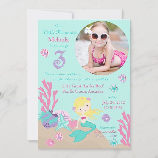 Blonde Mermaid Dritter Geburtstag Einladung (Vorderseite)