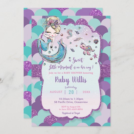 Blonde Mermaid Kinderdusche unter Wasser Lila Einladung (Vorne/Hinten)