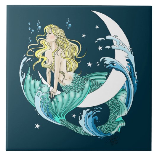 Blonde Mermaid Moon Fantasy Art Deco Fliese (Vorderseite)