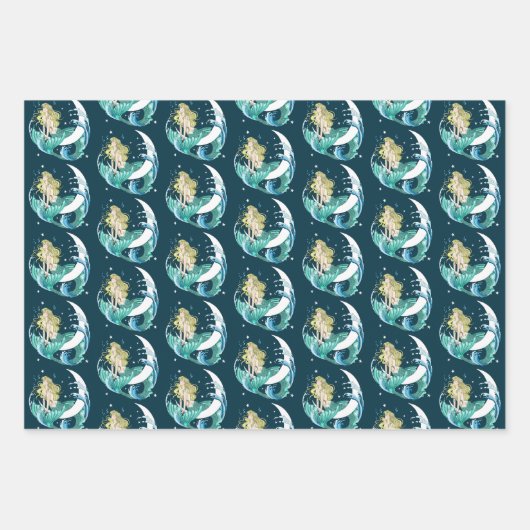 Blonde Mermaid Moon Fantasy Art Deco Geschenkpapier Set (Vorderseite 2)