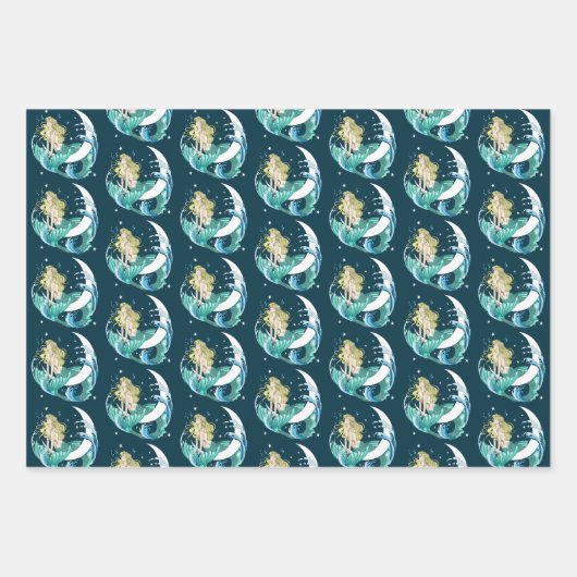 Blonde Mermaid Moon Fantasy Art Deco Geschenkpapier Set (Vorderseite)