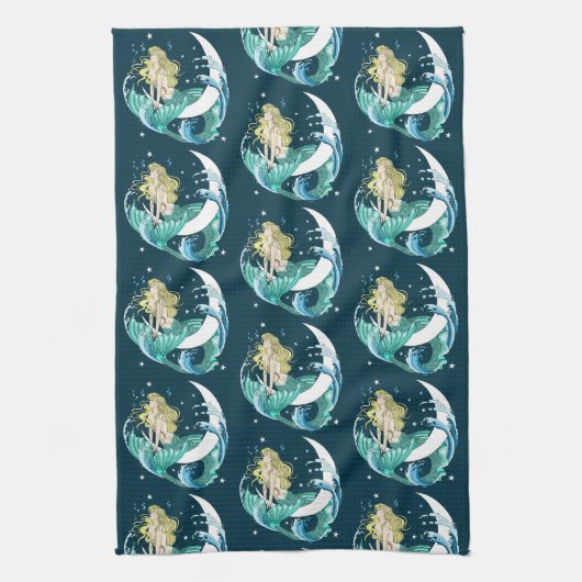 Blonde Mermaid Moon Fantasy Art Deco Geschirrtuch (Vertikal)
