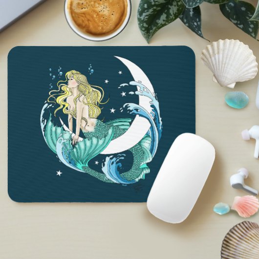 Blonde Mermaid Moon Fantasy Art Deco Mousepad