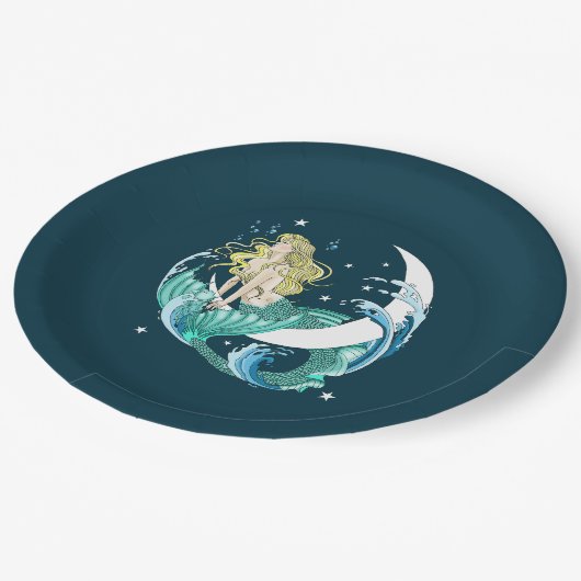 Blonde Mermaid Moon Fantasy Art Deco Pappteller (Schrägansicht)