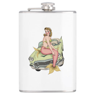 Blonde Mermaid on Vintage Green Car Watercolor Ill Flachmann