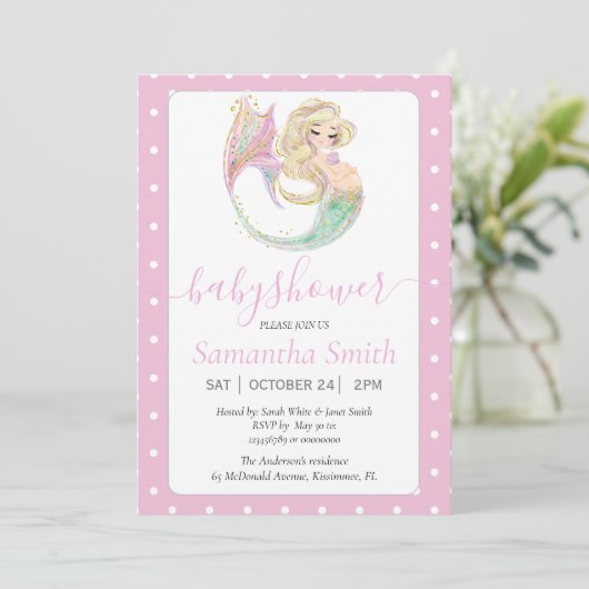 Blonde Mermaid Party Babydusche. Unter dem Meer. Einladung (Stehend Vorderseite)