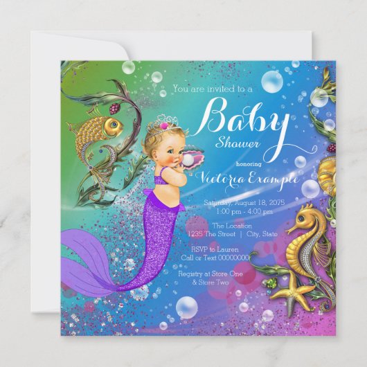 Blonde Mermaid unter der Meerjungfrau Babydusche Einladung (Vorderseite)
