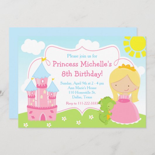 Blonde Niedliche Prinzessin und Dragon Birthday Pa Einladung (Vorne/Hinten)