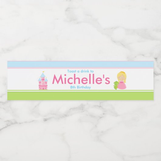 Blonde Niedliche Prinzessin und Dragon Birthday Pa Wasserflaschenetikett (Einzelnes Label)