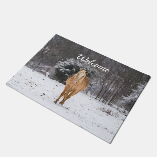 Blonde Pferdewanderung im Schnee Willkommen vor de Fußmatte (Schrägansicht)