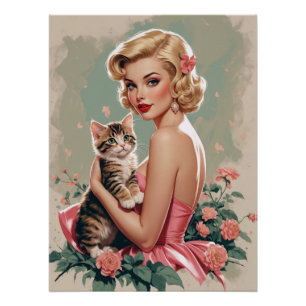 Blonde Pin-Up im roten Kleid und süße Katze Poster