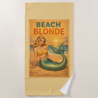 Blonde Pin-Up Meerjungfrau | Sonniges Gelbes Retro Strandtuch