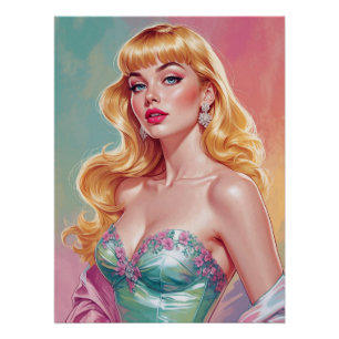 Blonde Pin-Up mit Pony Blau und Rosa Pastell Poster