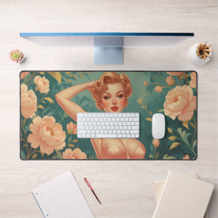 Blonde Pin-Up Rosa Pastell Blumen Metallkunst Schreibtischunterlage