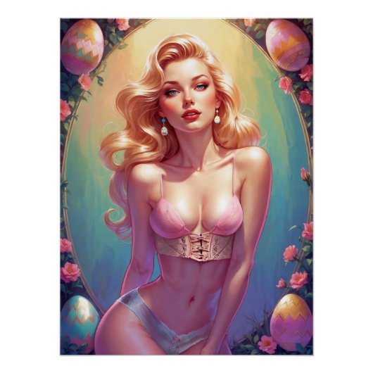 Blonde Pinup Pink Unterwäsche Ostereier Poster (Vorderseite)