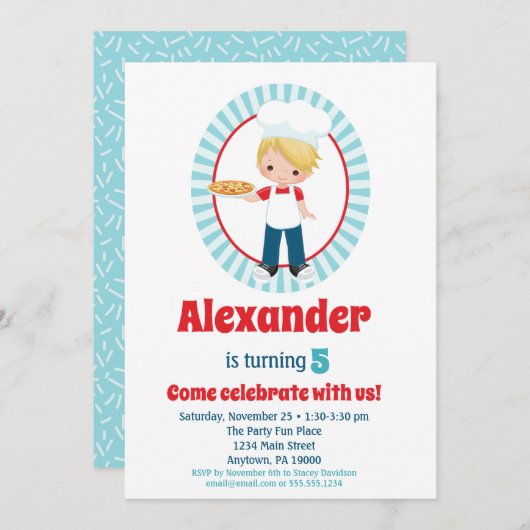 Blonde Pizza Party Boys Einladung Geburtstag (Vorne/Hinten)