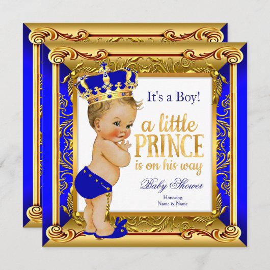 Blonde Prince Baby Dusche Blue Imitate Gold Einladung (Vorne/Hinten)