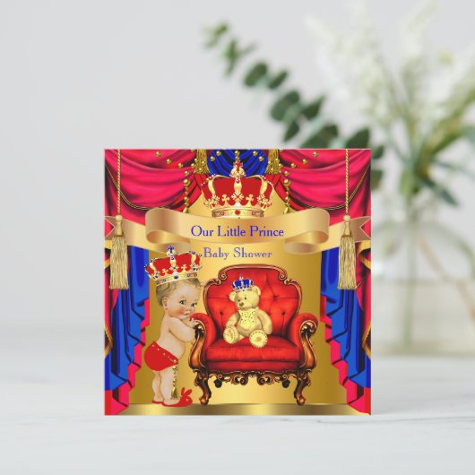 Blonde Prince Baby Dusche Gold Bear Red Blue Einladung (Stehend Vorderseite)